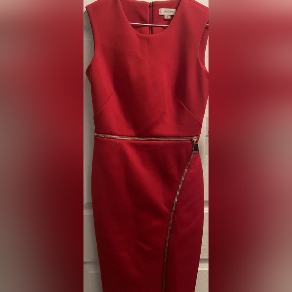 Calvin Klein Sleeveless Hot RED Pencil Dress, Gold Accent Zippers, Bodycon, Sz:2